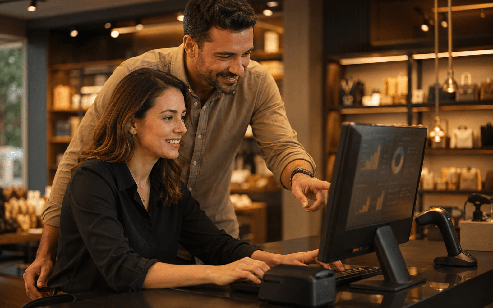 Equipe de uma loja analisando os resultados no caixa